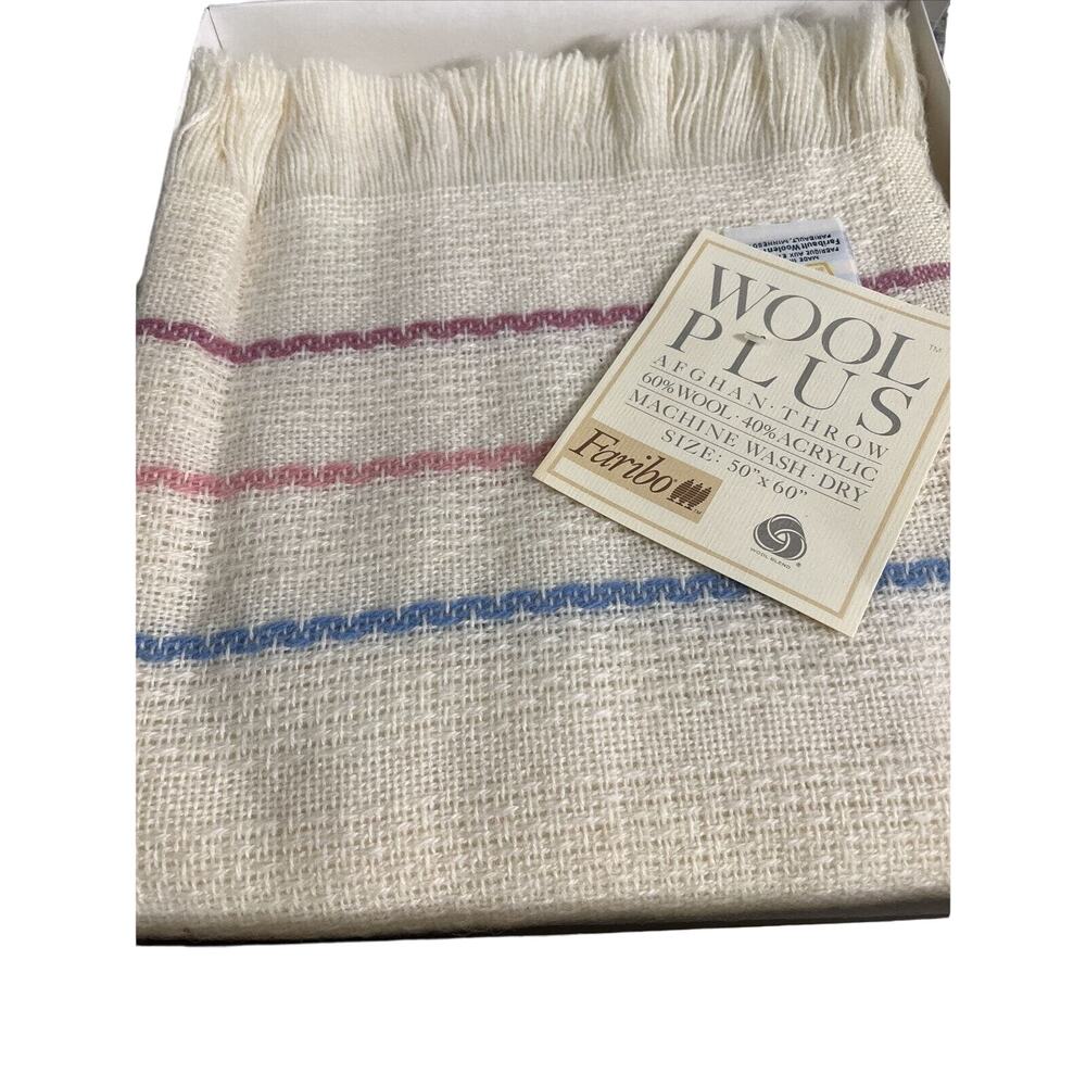 Vintage Faribo Wool Plus Classic Afghan/Throw 50x60 Multi-Colored Striped.